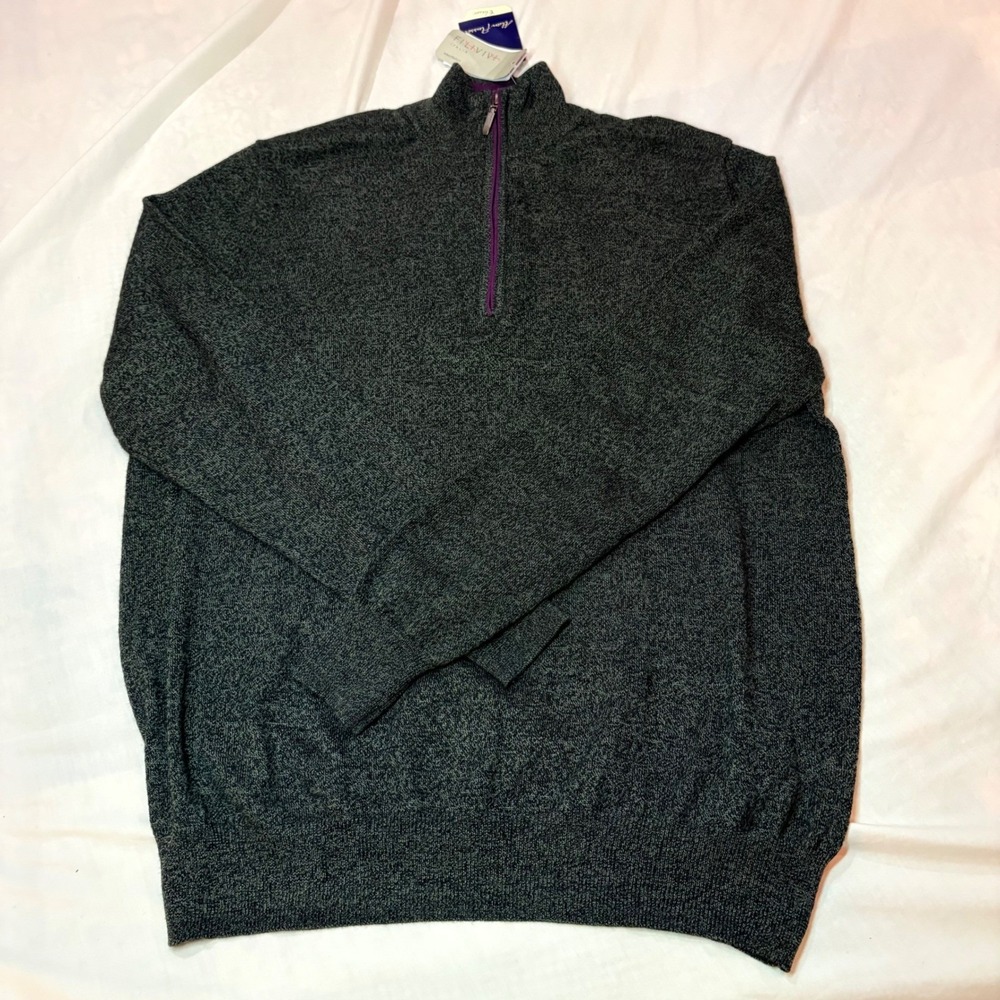 New Alan Flusser Mens Merino Wool Blend 1/4 Zip Sweater‎ Charcoal Grey Purple M